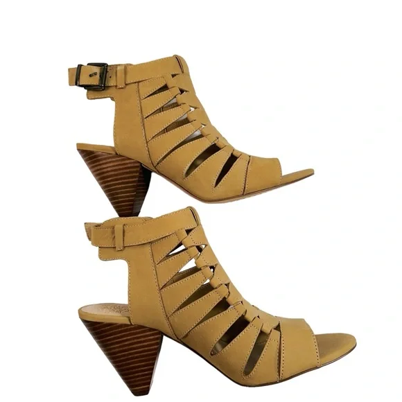 NWOT Vince Camuto ELIKA Leather Caged Tan 3" Heel Sandals. - Picture 2 of 8